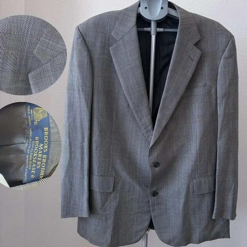 Brooks Brothers Makers Blazer 46L Gray Plaid Pure Wool USA Brooksflax Two Button