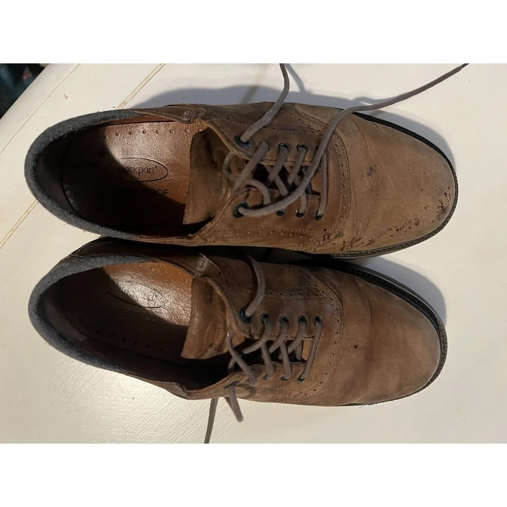 Rockport Waterproof Leather Oxford Shoes Mens 8W Brown Cap Toe Comfort Dress