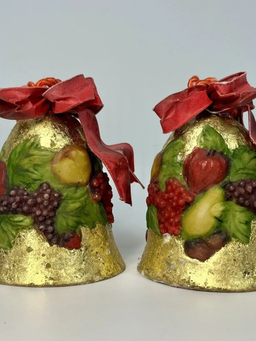 Dept 56 Gold Foil Bells RaisedFruit Design OrnamentWired Ribbon HTF Set Of 4