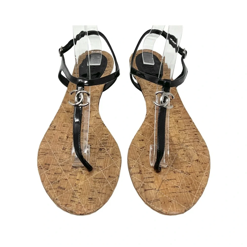 Chanel Black Patent‎ Thong Sandals CC Cork Sole Flat Sandals 40.5