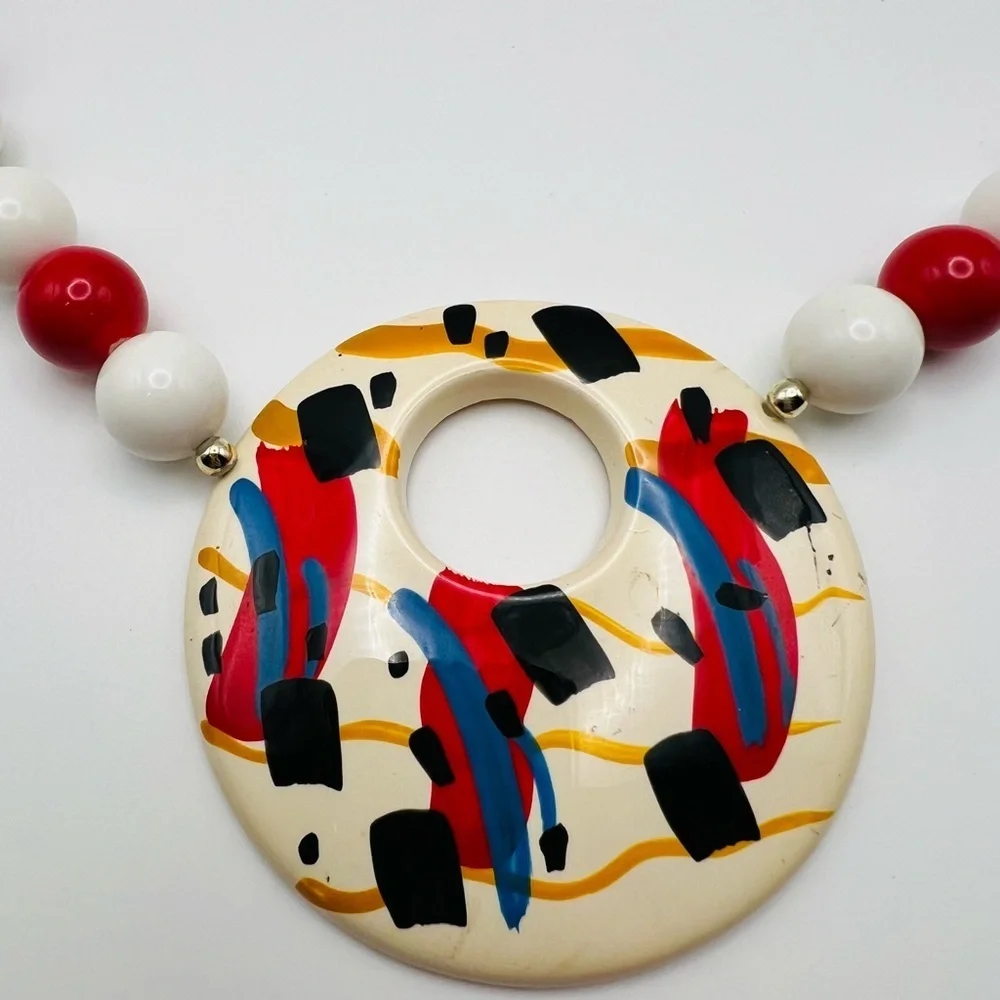 Vintage Abstract Statement Necklace Red White Beads Large Pendant