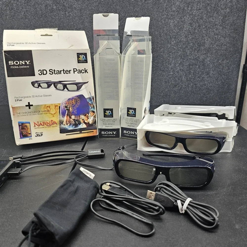 2 SONY 3D Glasses Black HU099FS w Dust Jacket Drawstring Cases DVD Not Included