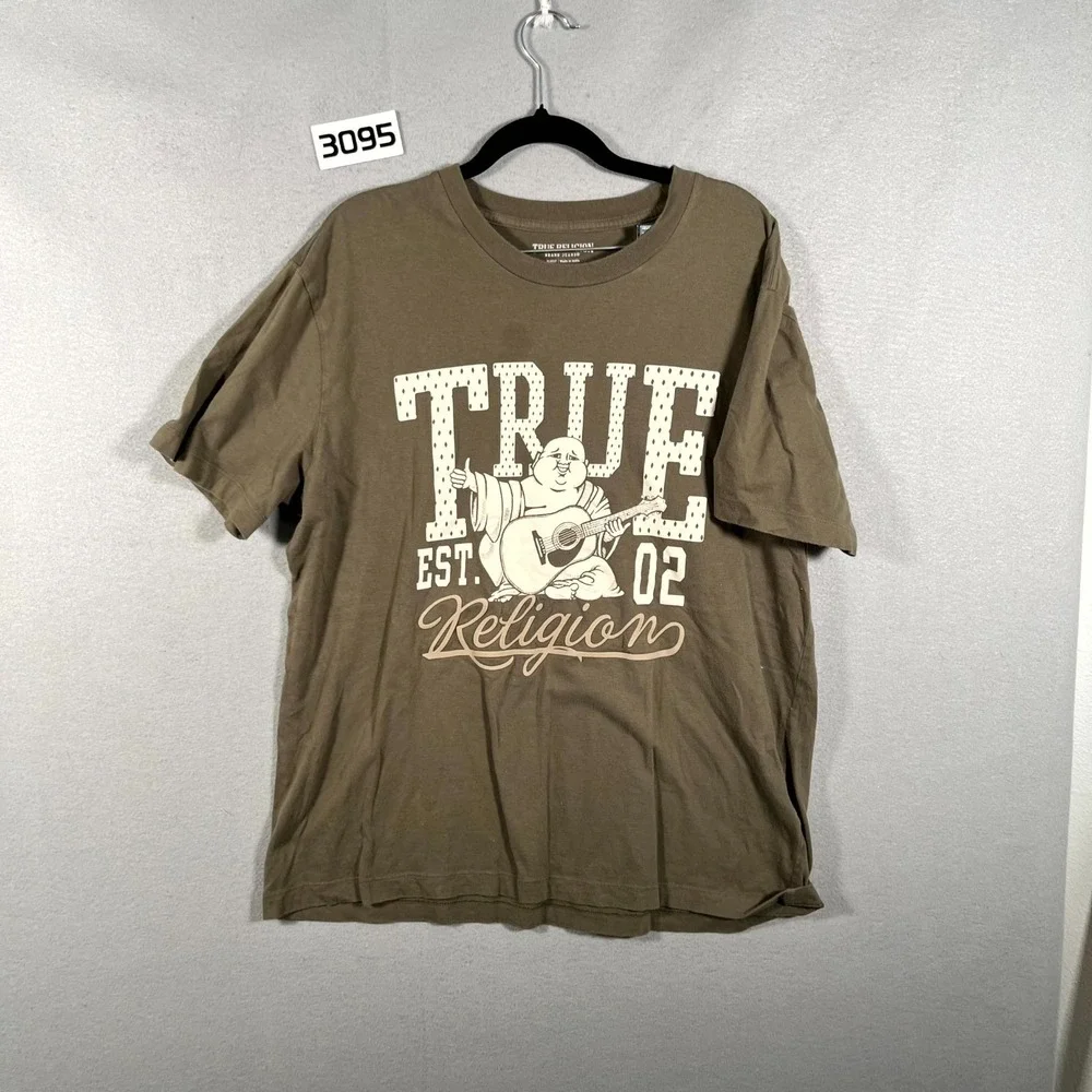 True Religion T Shirt Mens XL Olive Green Logo Buddha Short Sleeve Pullover