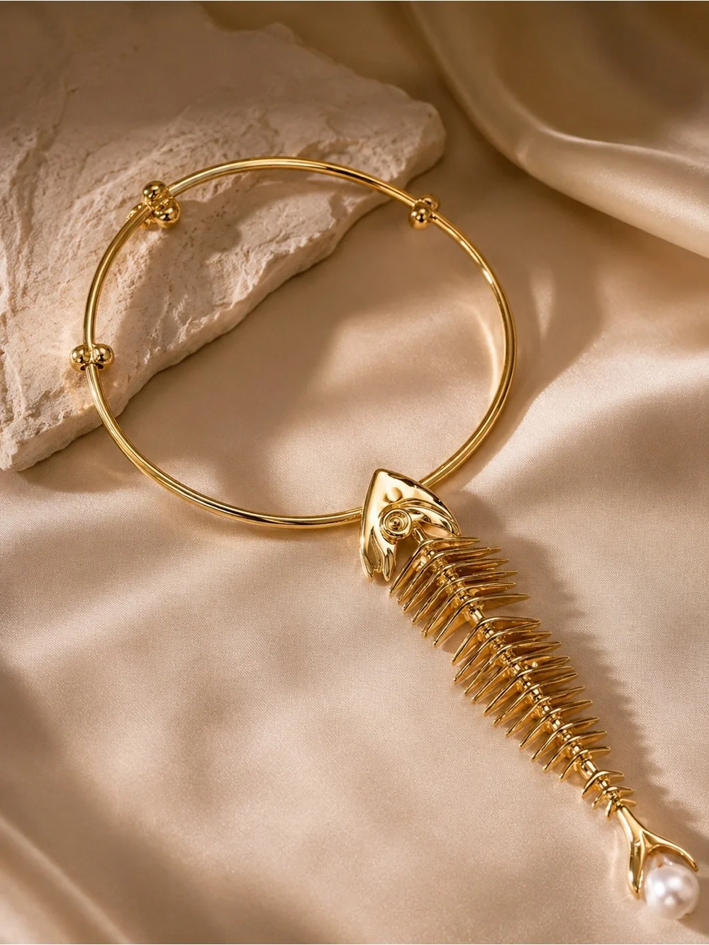 Golden Tide Pearl Fishbone Necklace