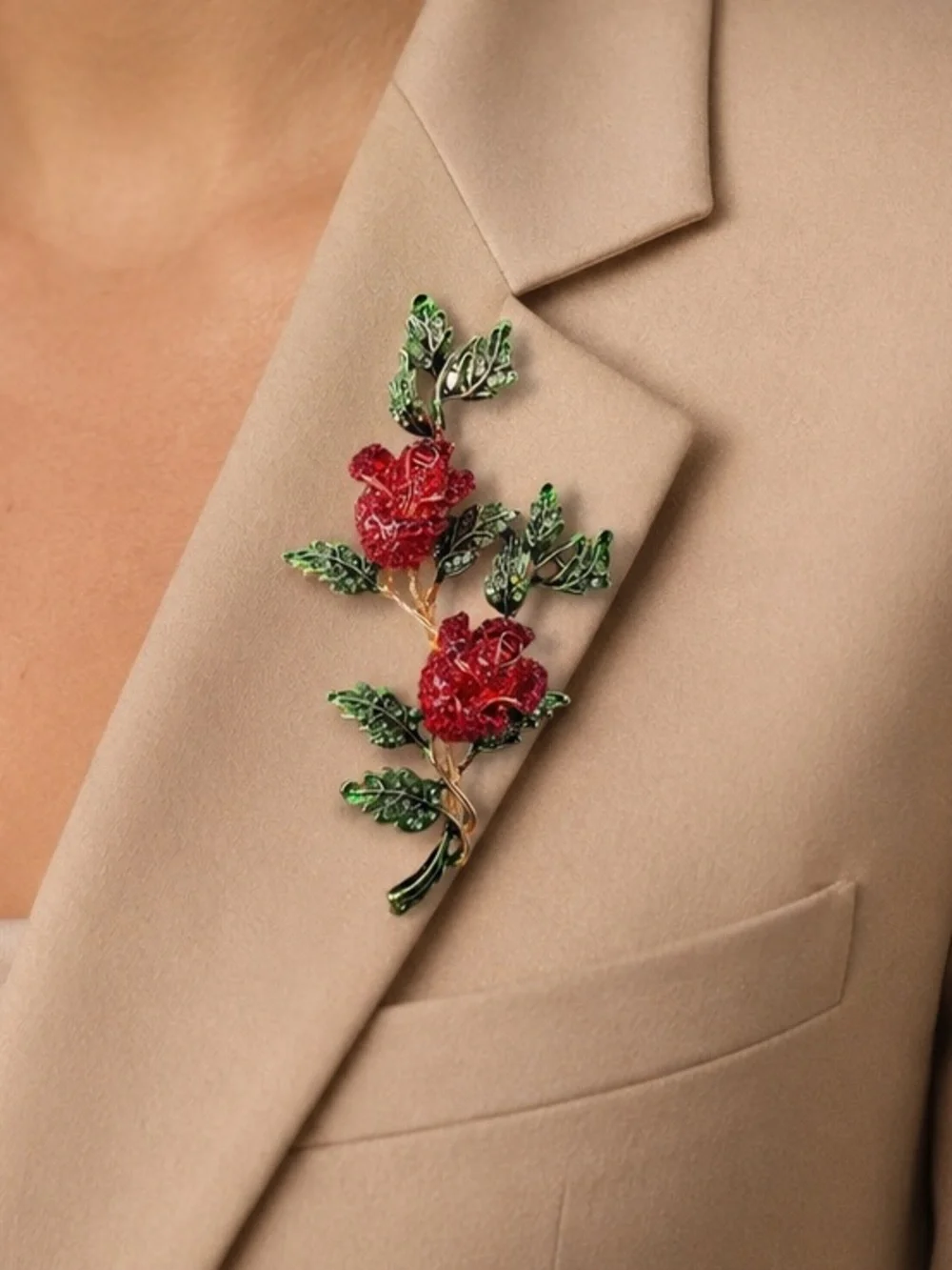 Red Crystal Rose Brooch | Floral Rhinestone Statement Pin