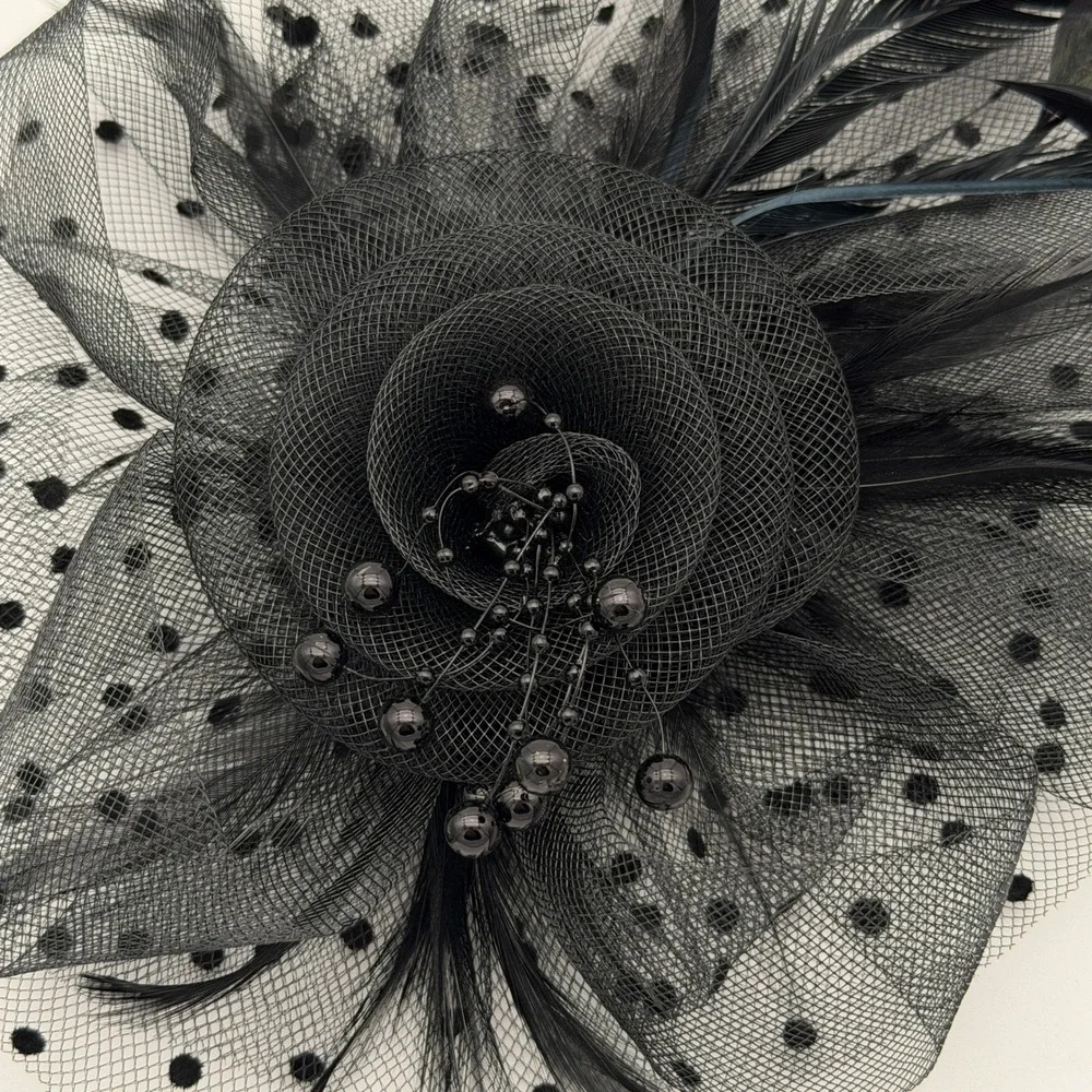 Black Floral Mesh Feather Hair Clip Brooch Women‎ Accent Accessory