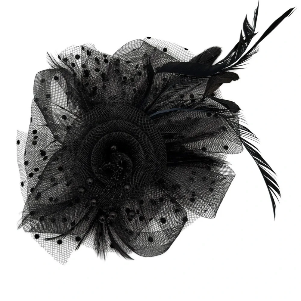 Black Floral Mesh Feather Hair Clip Brooch Women‎ Accent Accessory