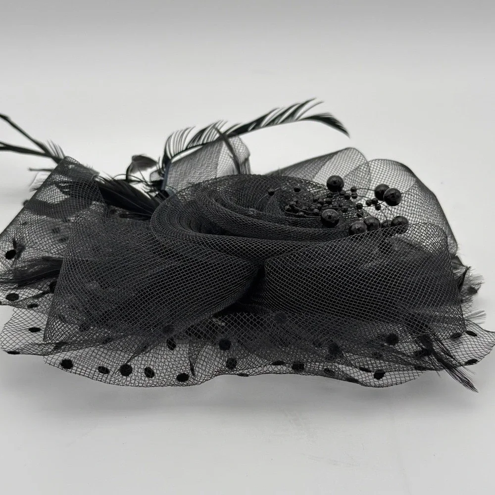 Black Floral Mesh Feather Hair Clip Brooch Women‎ Accent Accessory