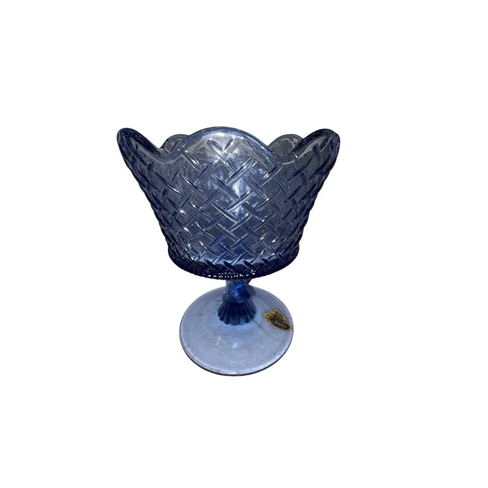 Fenton‎ Blue Basketweave Glass Compote Pedestal Vintage Candy Dish with Bow 7