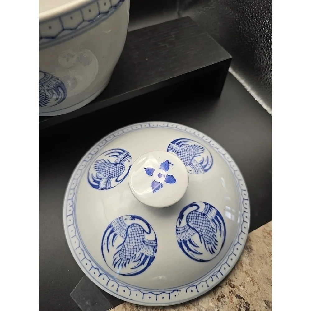Blue and White Lidded Soup Tureen Or Rice‎ Bowl with Phoenix Crane Design