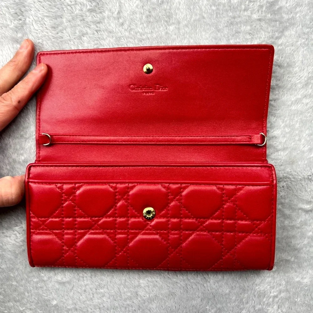 Christian Dior Lady Dior Women Wallet‎ Red Cannage Leather Without Strap Quilted