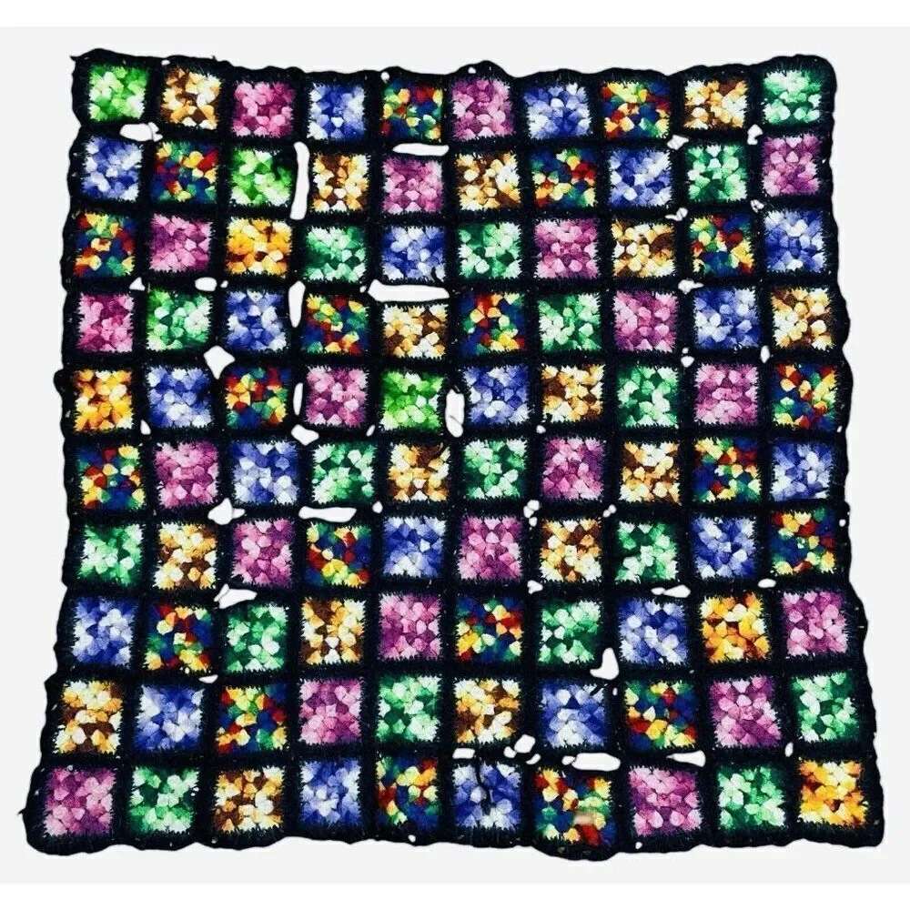 Vintage Handmade Crochet Colorful Granny Square Afghan Throw 35 x 34 Couch Sofa