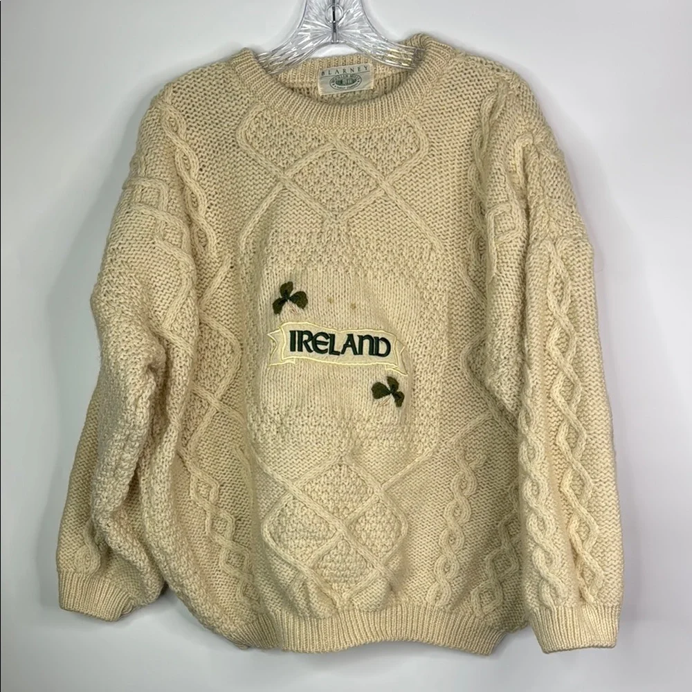 Blarney Woolen Mills Wool Ireland Clover Cable Knit Fisherman Ivory Sweater 2XL