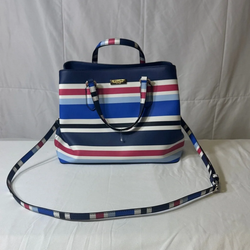 Kate Spade New York Striped Satchel Tote‎ Crossbody Bag Navy Rose White Blue