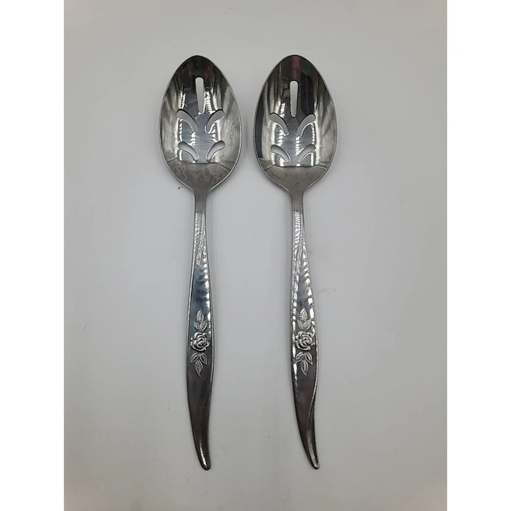 2 Hanford Forge AVON ROSE Stainless Flatware‎ Silverware Pierced Serving Spoons