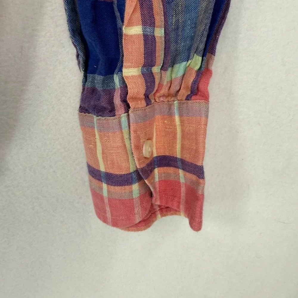 Cremieux Button Down Shirt‎ Mens Large Pink Blue Plaid 100% Linen Long Sleeve