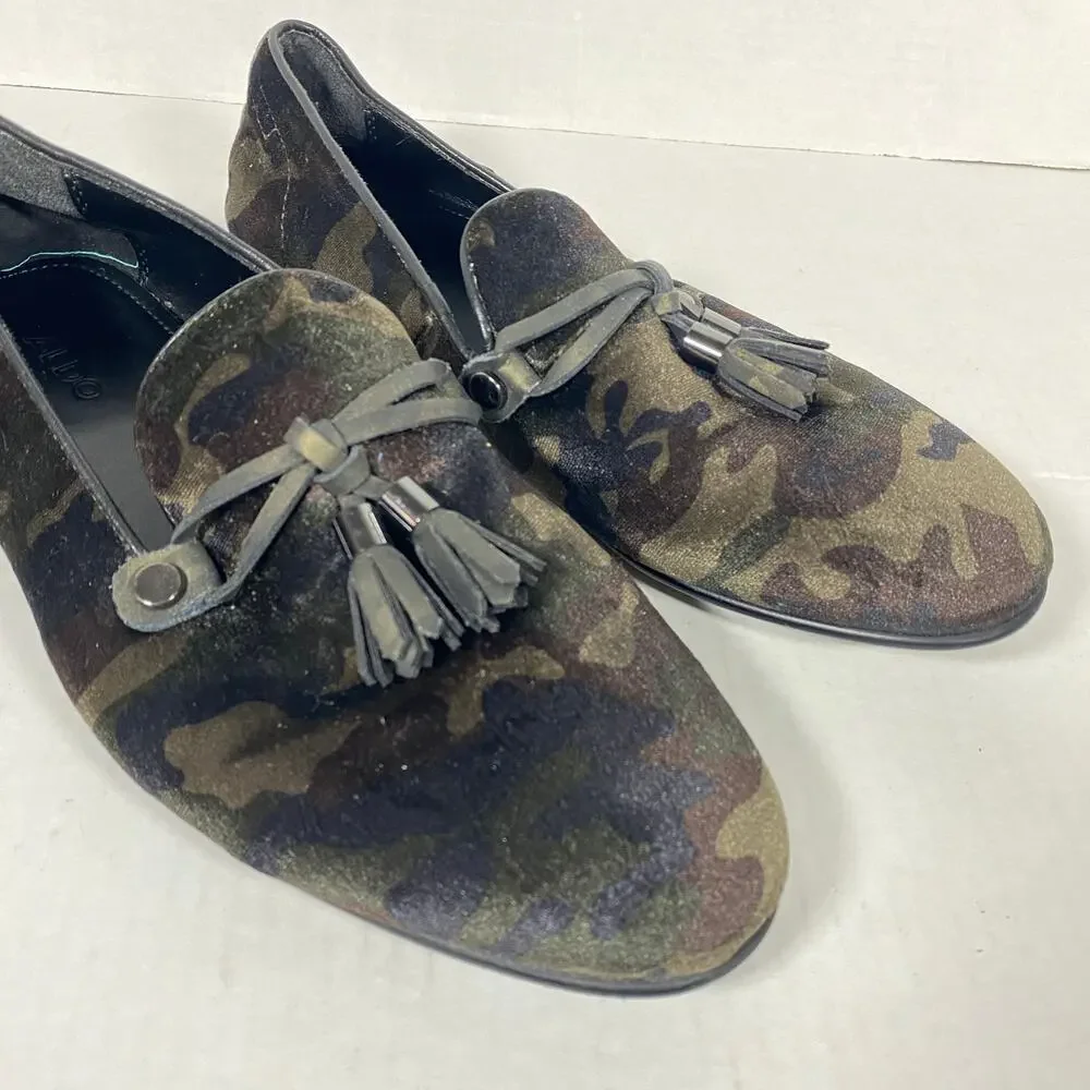 ALDO Men's Velvet Camo Tassel Loafers Dark Green Brown Sz 8
