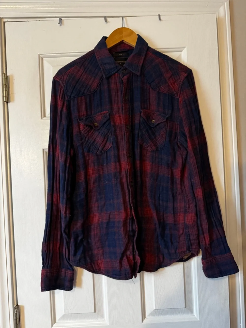 True Religion Men's Plaid Flannel Button Down Shirt Medium Slim Fit Western 0584