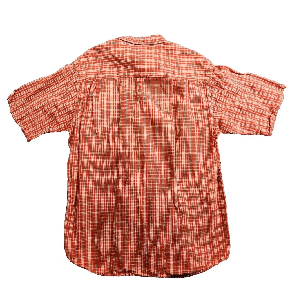 The North Face Series Red Plaid Short Sleeve Button Up Shirt Mens L Linen Cotton