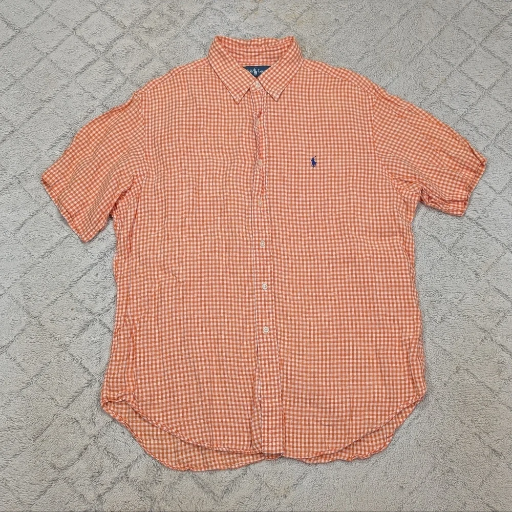 Ralph Lauren Shirt Mens XL Orange White Check Linen Button Up Short Sleeve