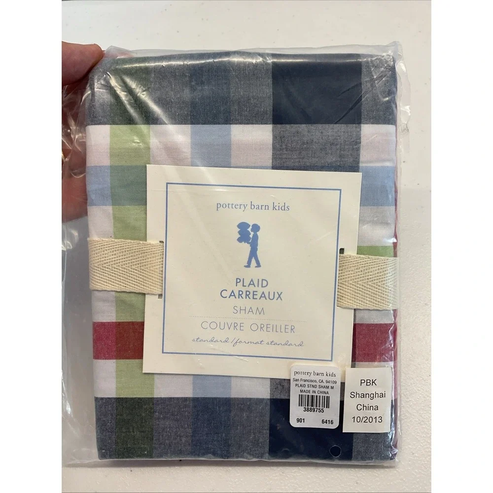New Pottery Barn Kids Plaid Carreaux Standard Pillow Sham Blue Plaid‎ Cotton Boy