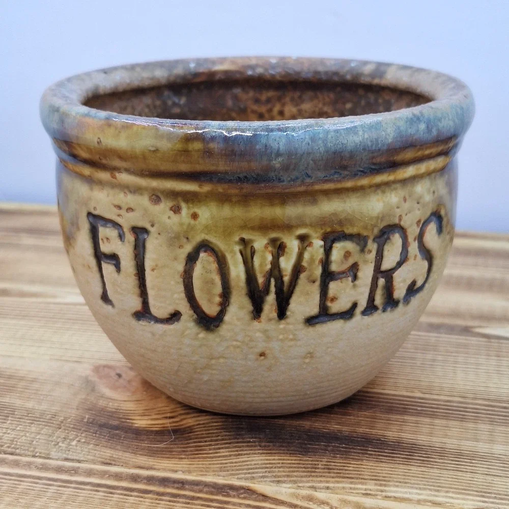 Mini Ceramic‎ Flower Pot Green Glazed Ring On Tan 3.5
