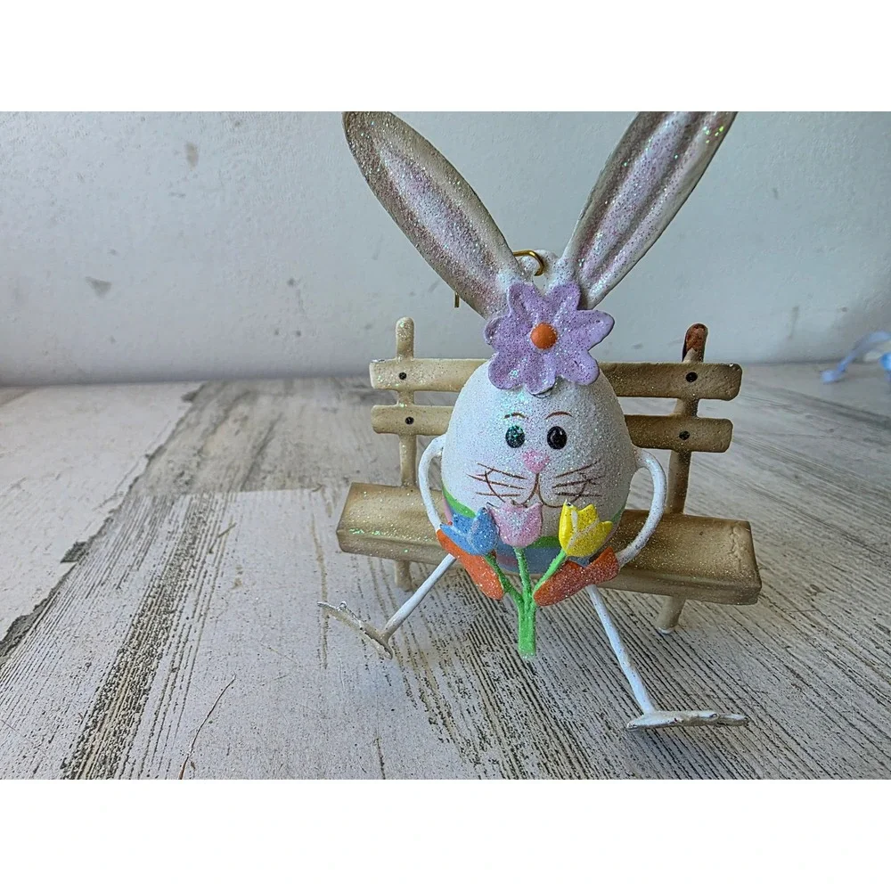Vintage Pier 1 Easter Bunny bench RARE spring metal ornament glitter rabbit