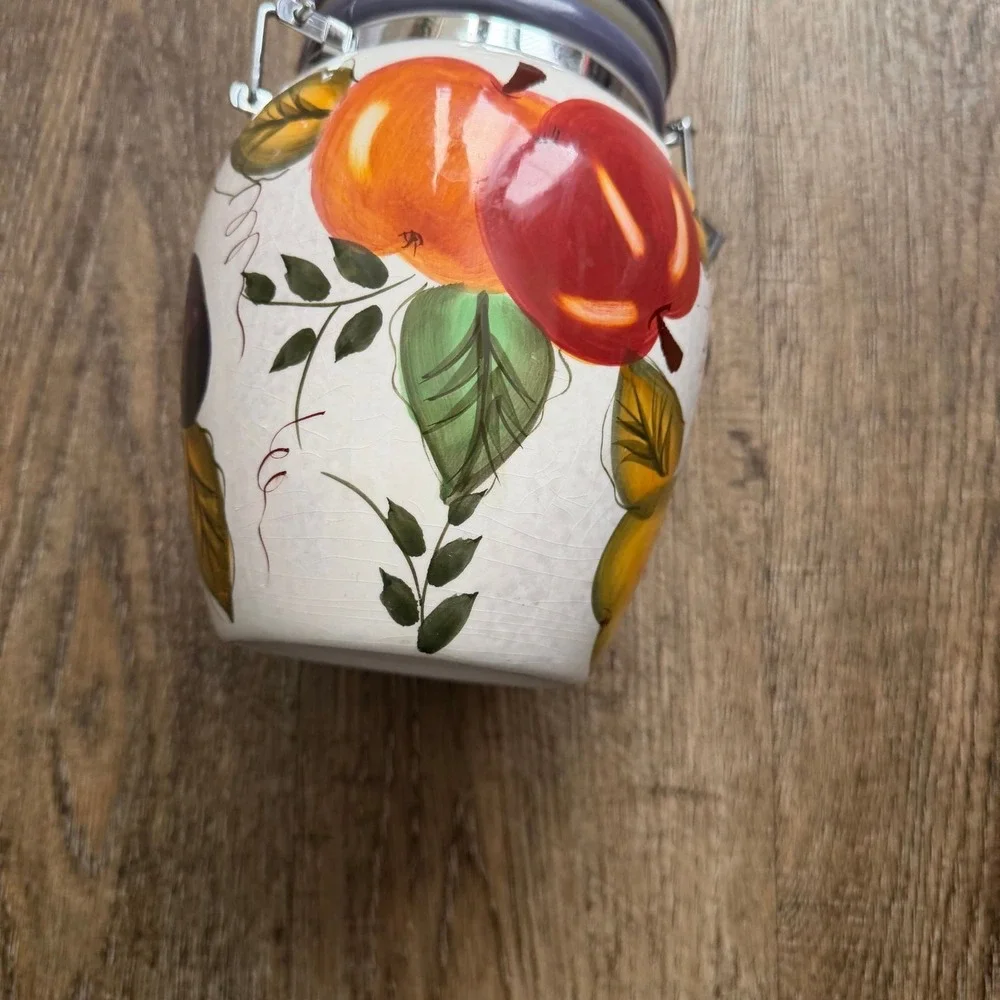 Vintage Oneida Fruit Themed Ceramic Canister Harvest Motif Cream Crackle Glaze