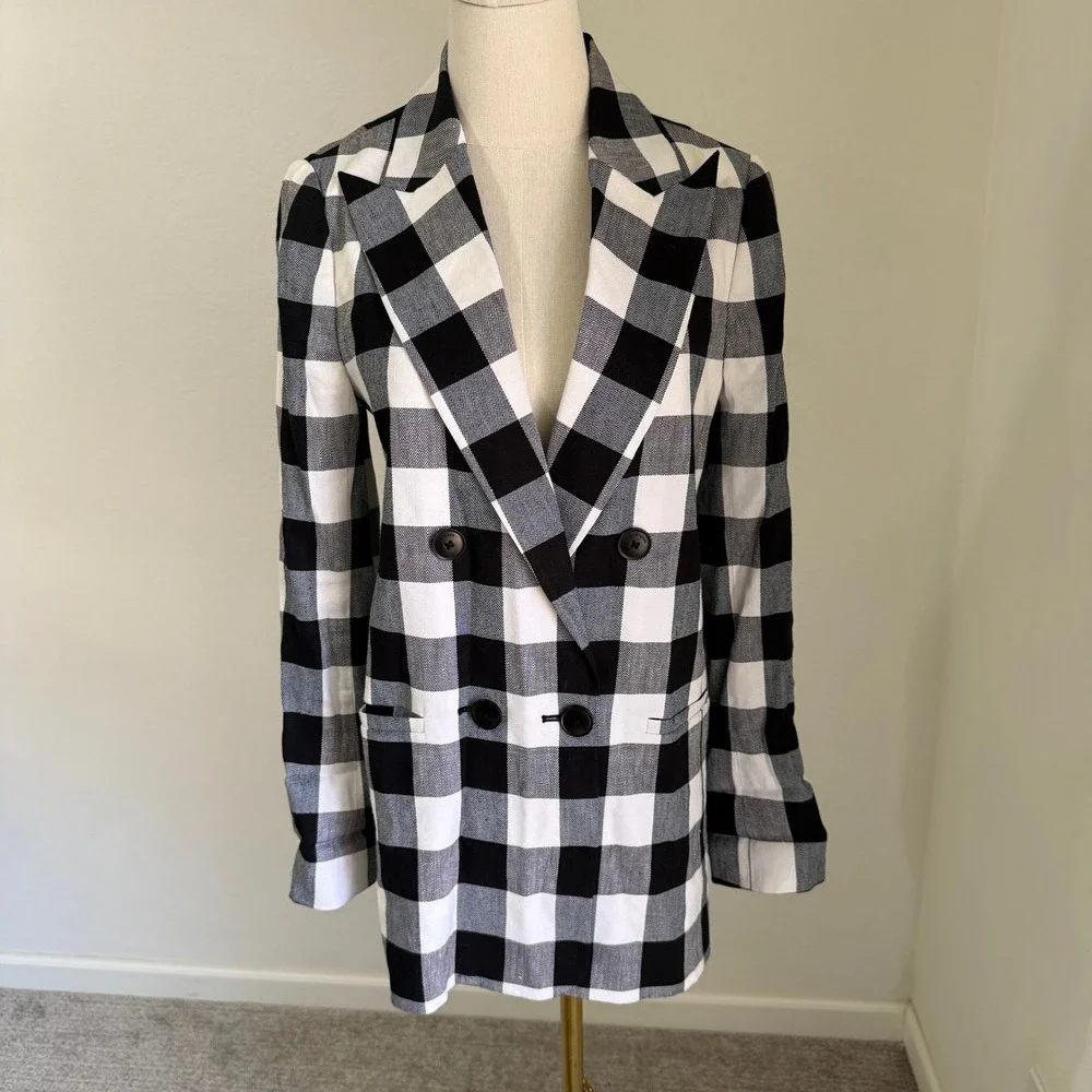 Kate Spade Gingham Linen Blend Double Breasted Blazer 2 Preppy Tailored Black