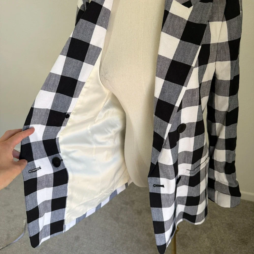 Kate Spade Gingham Linen Blend Double Breasted Blazer 2 Preppy Tailored Black