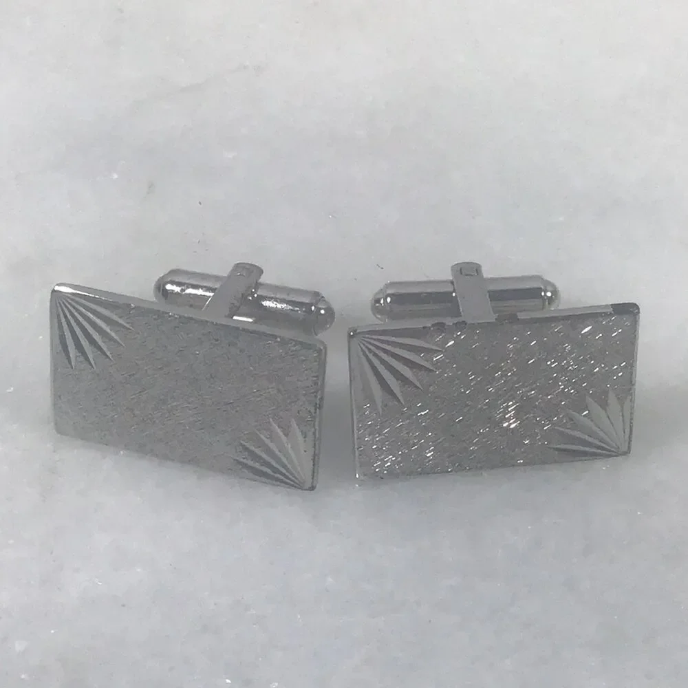 Vintage MCM Silver Tone Rectangular Cufflinks -Etched Sunburst & Textured Design