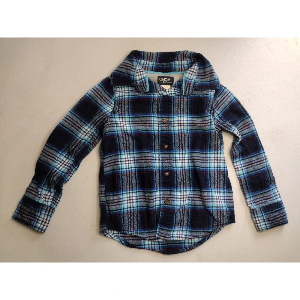 OshKosh Bgosh Boys Blue Plaid Flannel Button Down‎ Shirt Size 4-5 Cotton