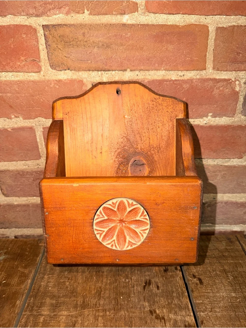 Rustic Wooden Wall Pocket Mail with Floral Medallion - Orange Wood Farmhouse