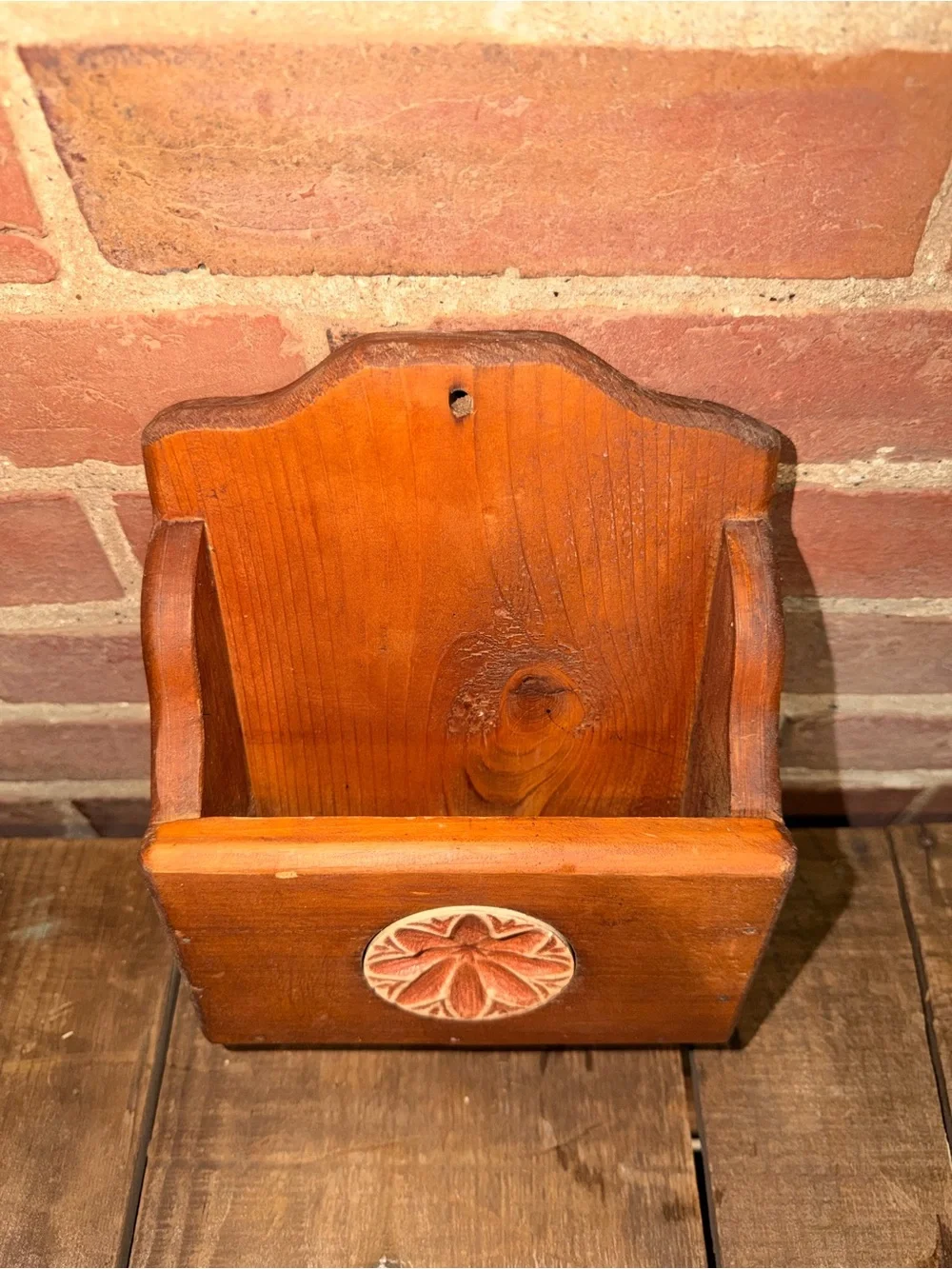 Rustic Wooden Wall Pocket Mail with Floral Medallion - Orange Wood Farmhouse
