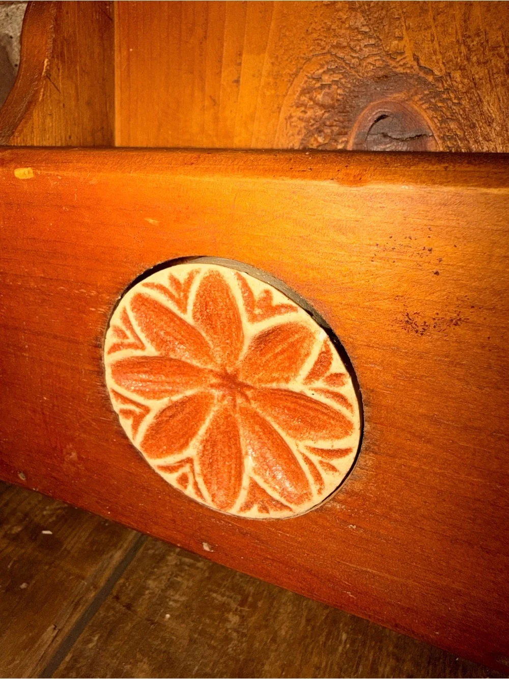Rustic Wooden Wall Pocket Mail with Floral Medallion - Orange Wood Farmhouse