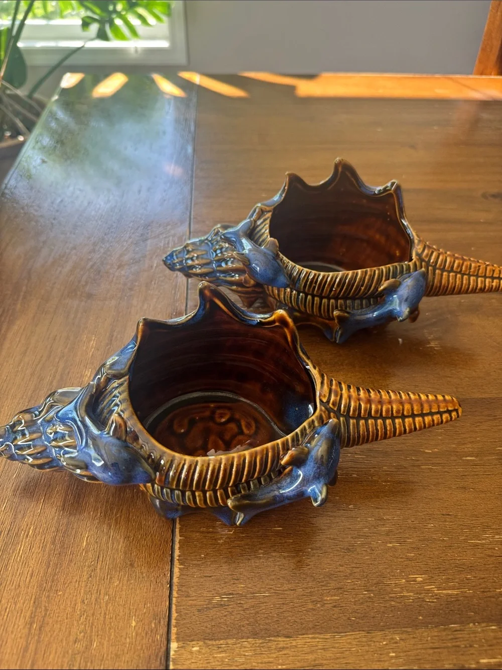 Vtg Blue Glazed Ceramic Pottery Conch Shell With Dolphins In Surf Planter set  2