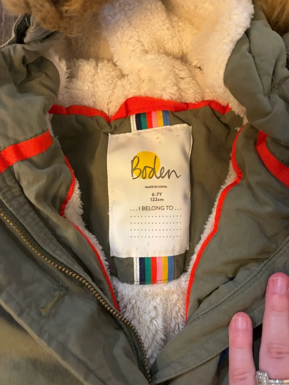 Mini Boden Kids' Cozy Rainbow Star Parka in Army Green Size 6-7