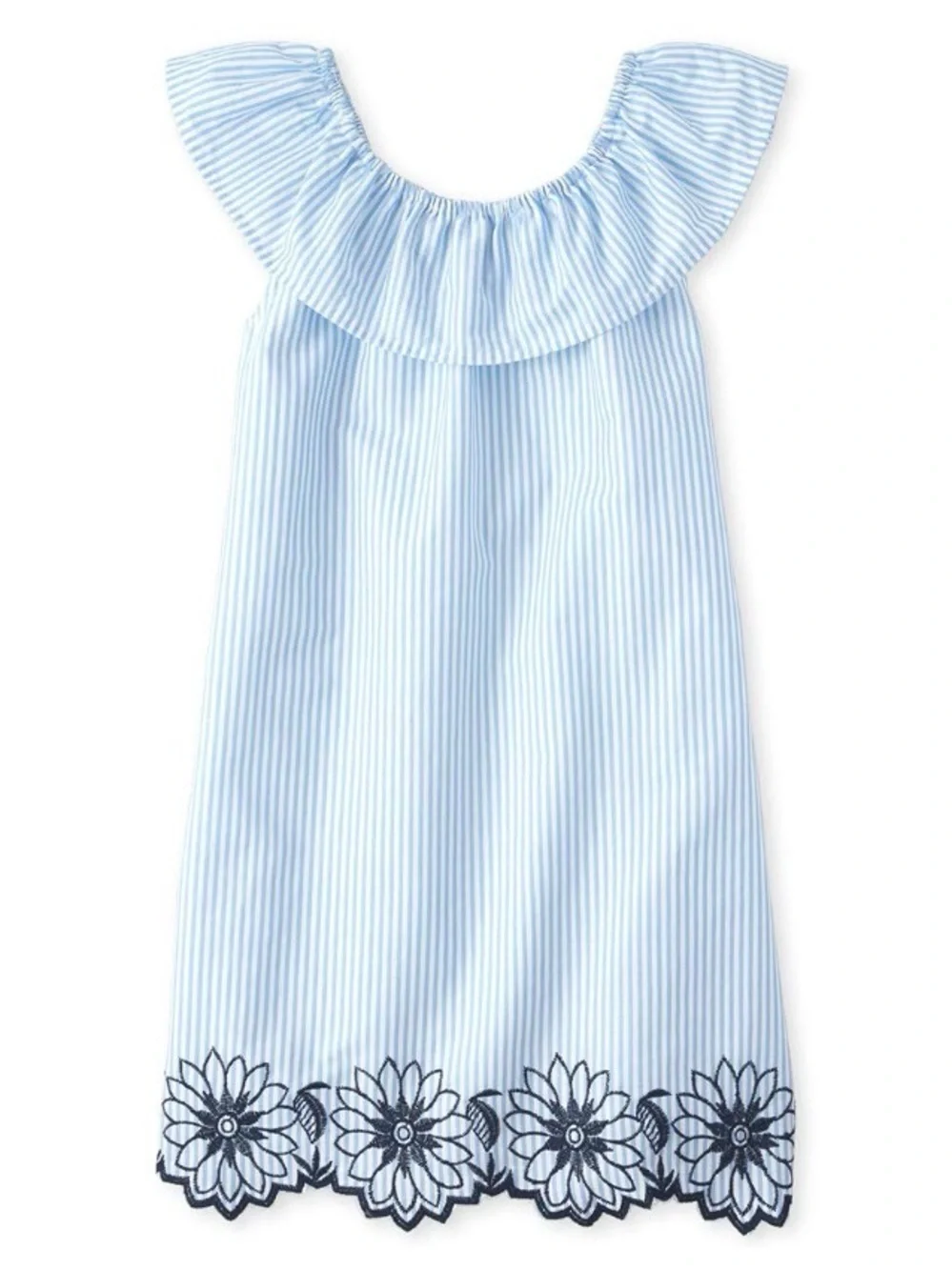 The Children's Place Girls Blue White Stripe Shift Dress Size 16 Embroidered Hem