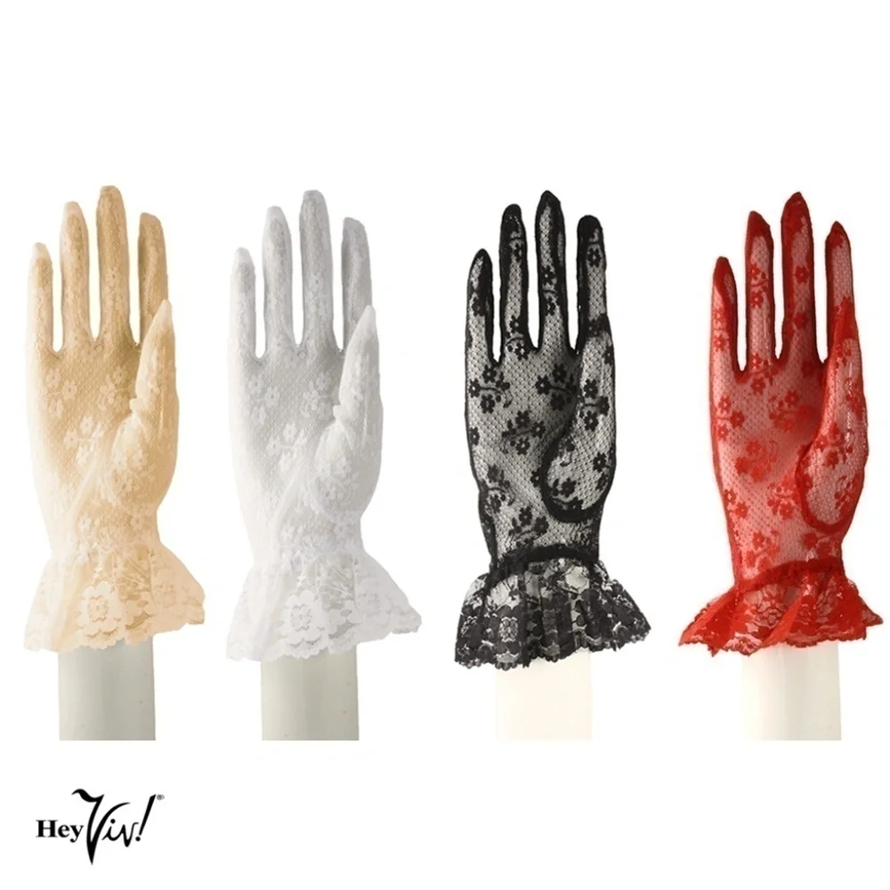 Lace Gloves w Wrist Ruffle in White Red Ivory Black Retro Party Wedding -Hey Viv