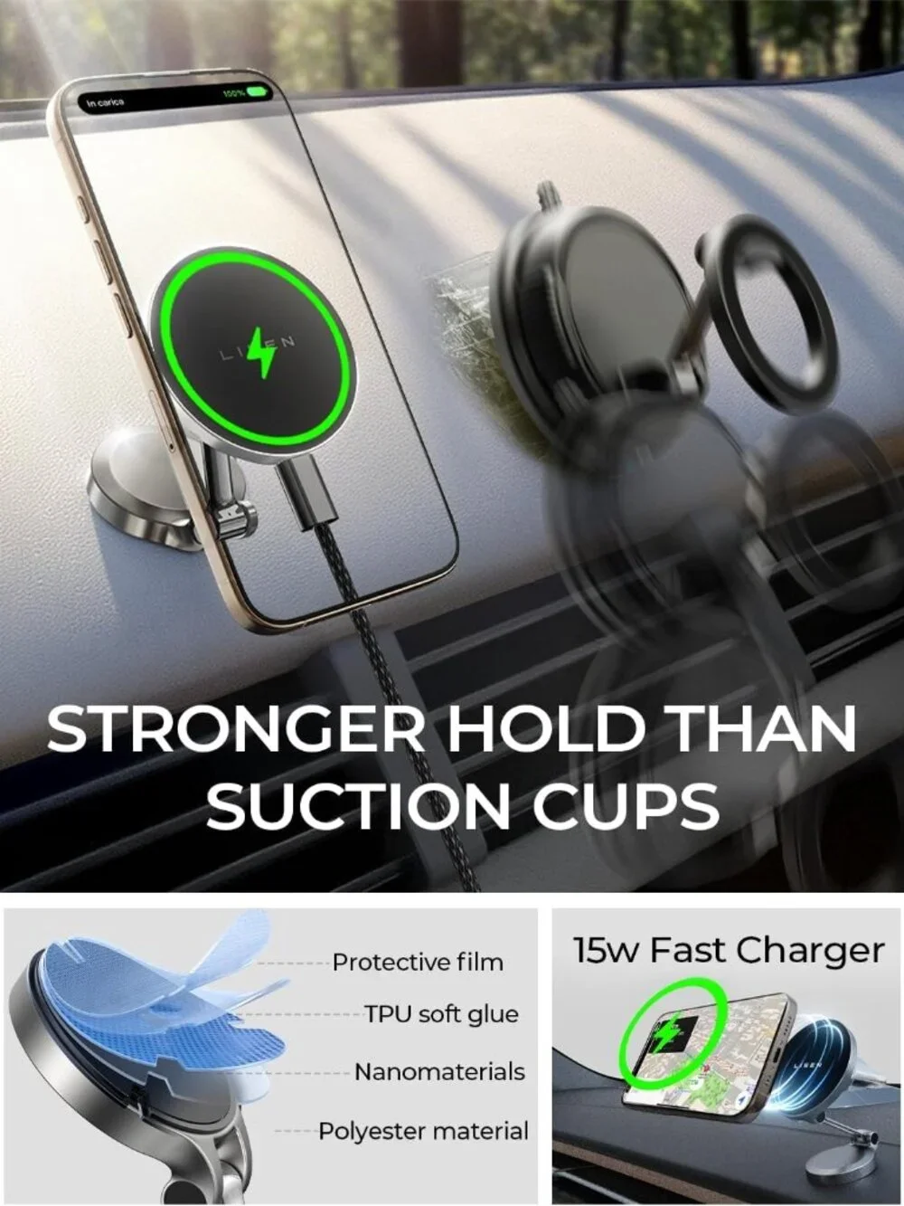 LISEN MagSafe Car Mount Charger – 15W Fast Charging