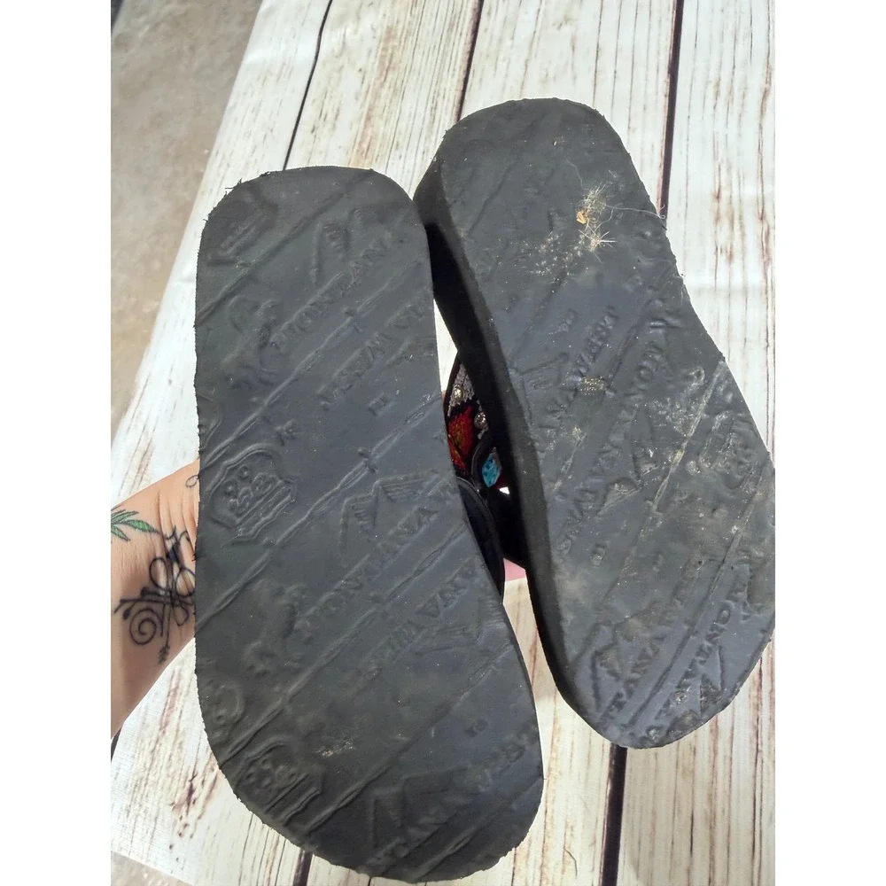 Montana West Girls Black Beaded Cross Platform Flip Flops Sandals Small 12 13