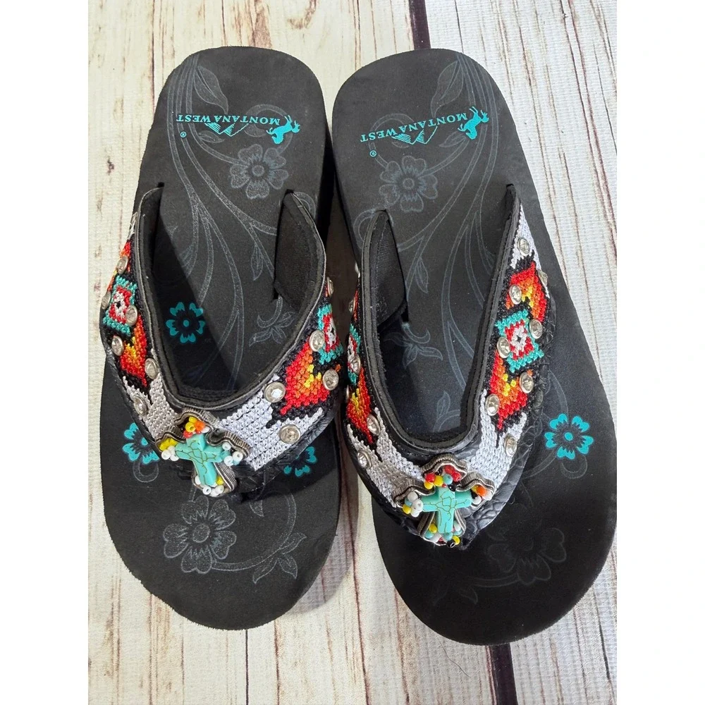 Montana West Girls Black Beaded Cross Platform Flip Flops Sandals Small 12 13