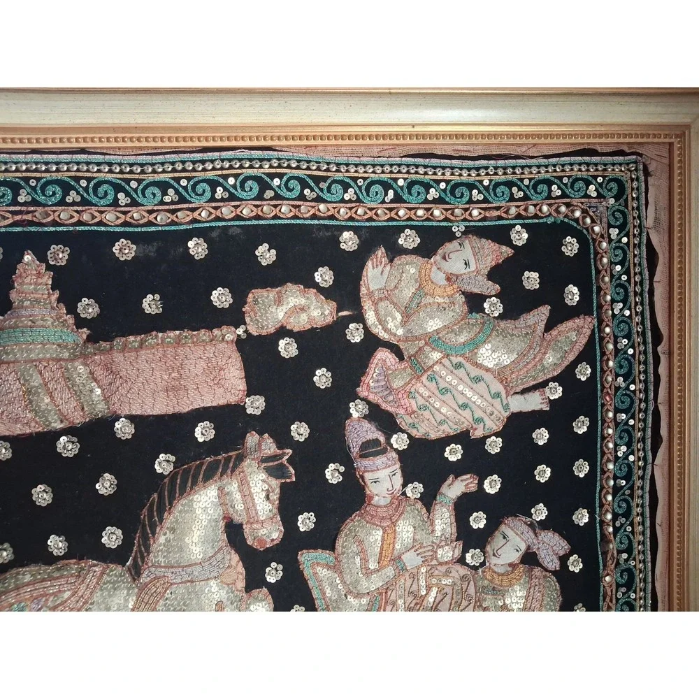 Vintage Thai Burma Myanmar Kalaga Tapestry Ramayana - Koi  Sequins