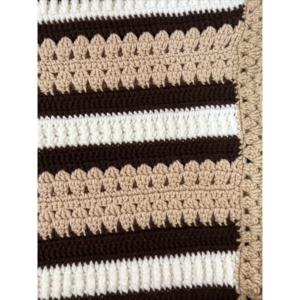 VTG Handmade Crochet Blanket Afghan 70 X 52 Brown/Cream/White Cottagecore Granny