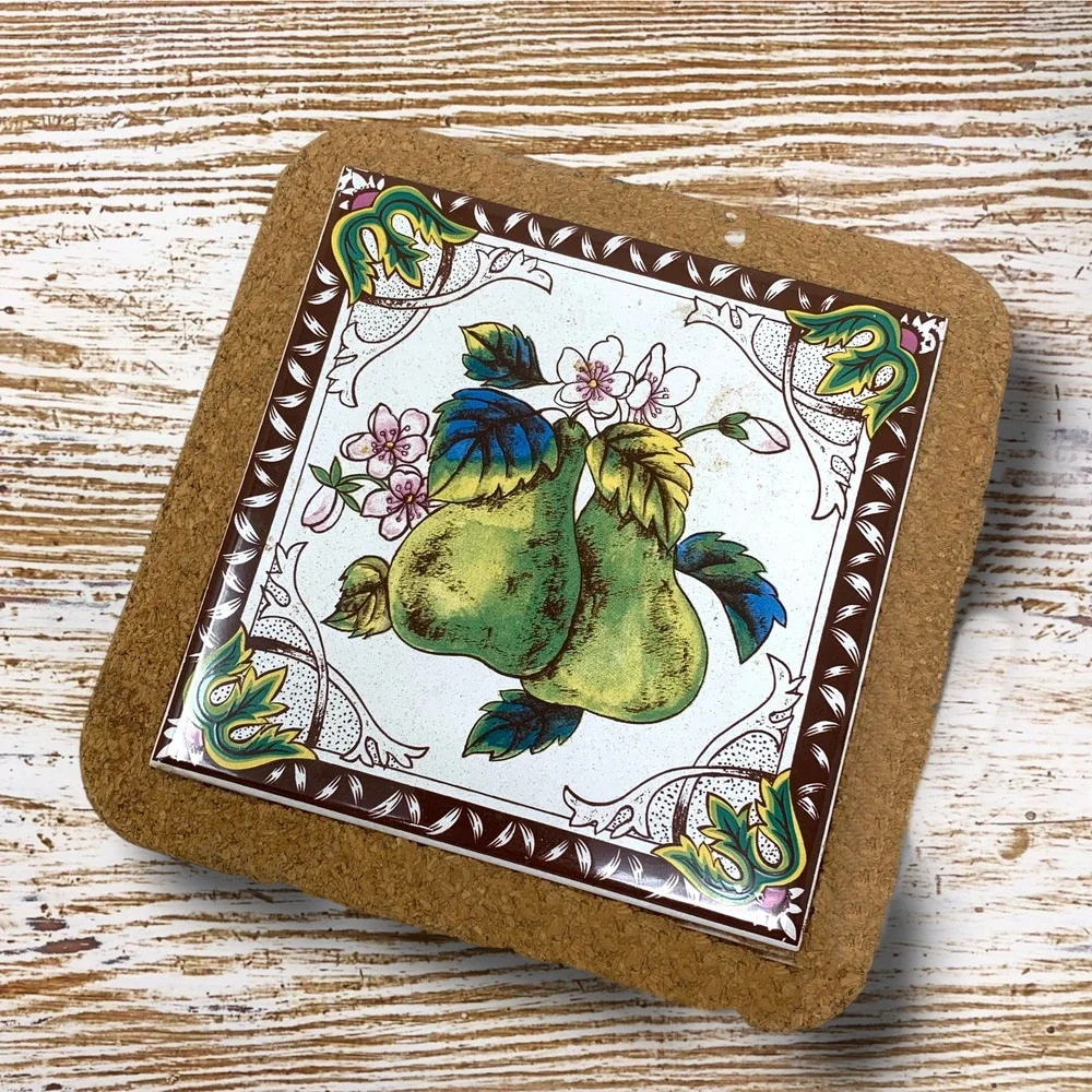 Vintage 1980's Cork Backed Tile Trivet 8 x 8 Botanical Pear Farmhouse Cottage