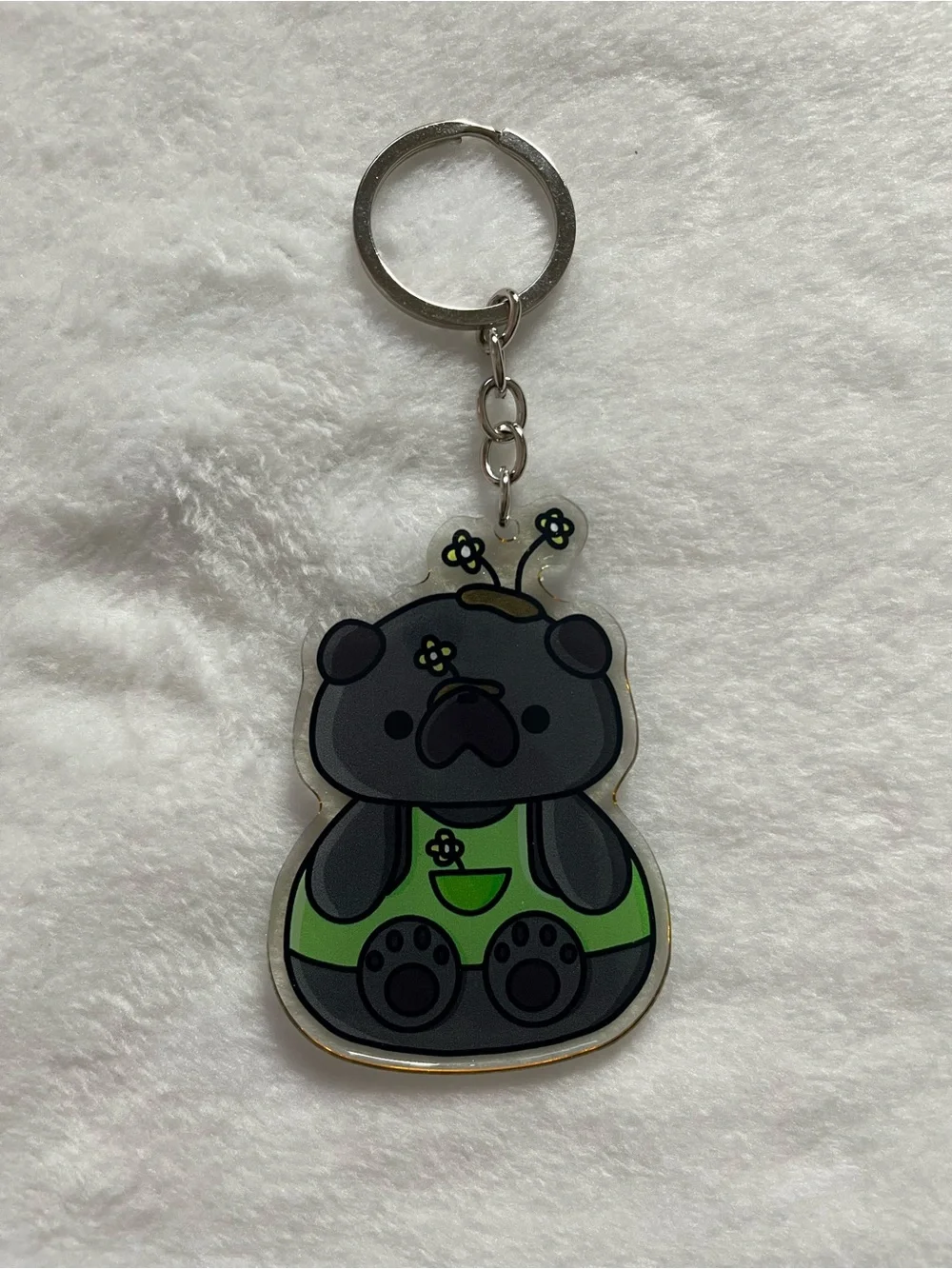 Pug black acrylic glitter keychain Cute Keychain with Green Overalls