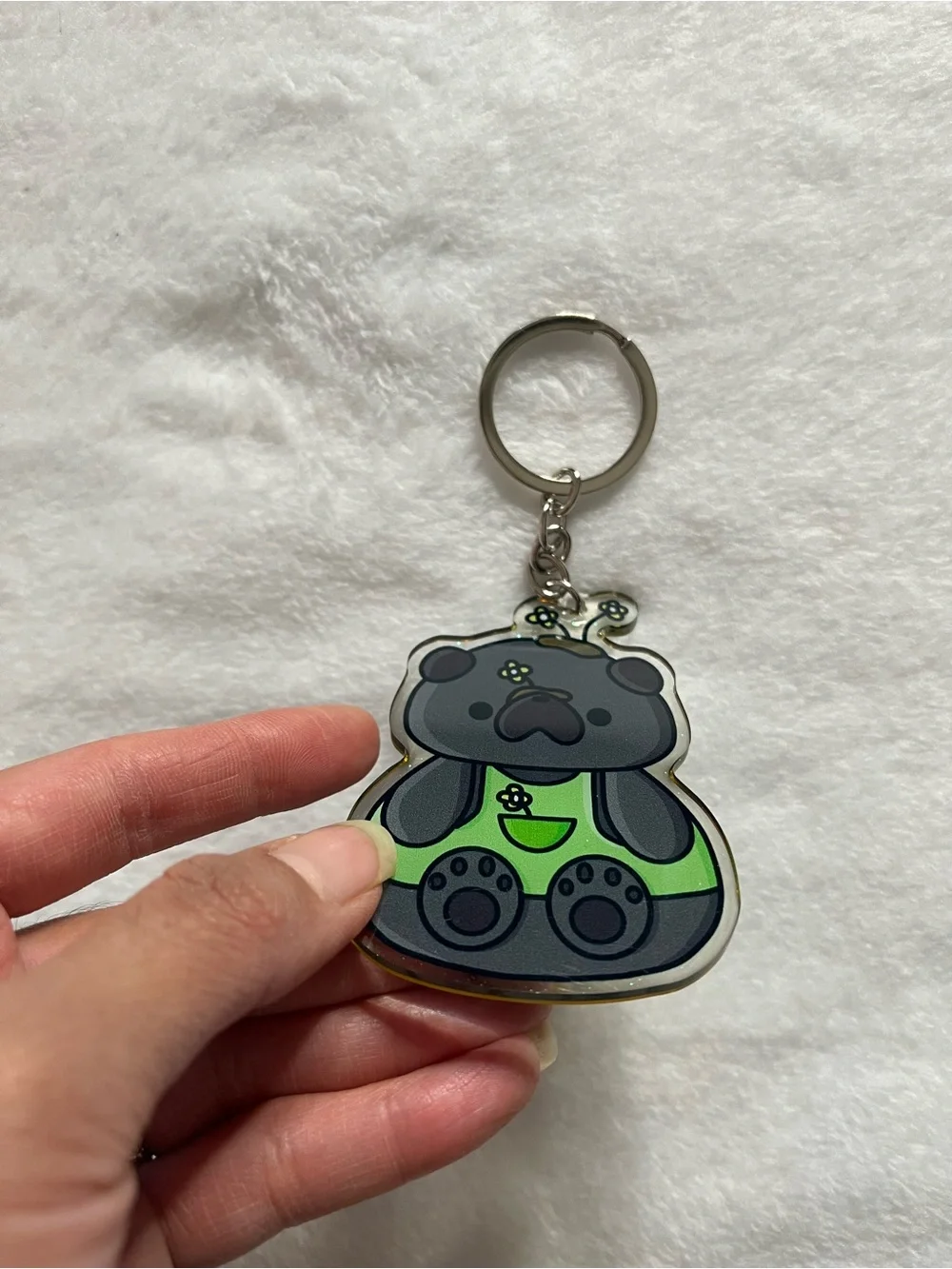 Pug black acrylic glitter keychain Cute Keychain with Green Overalls
