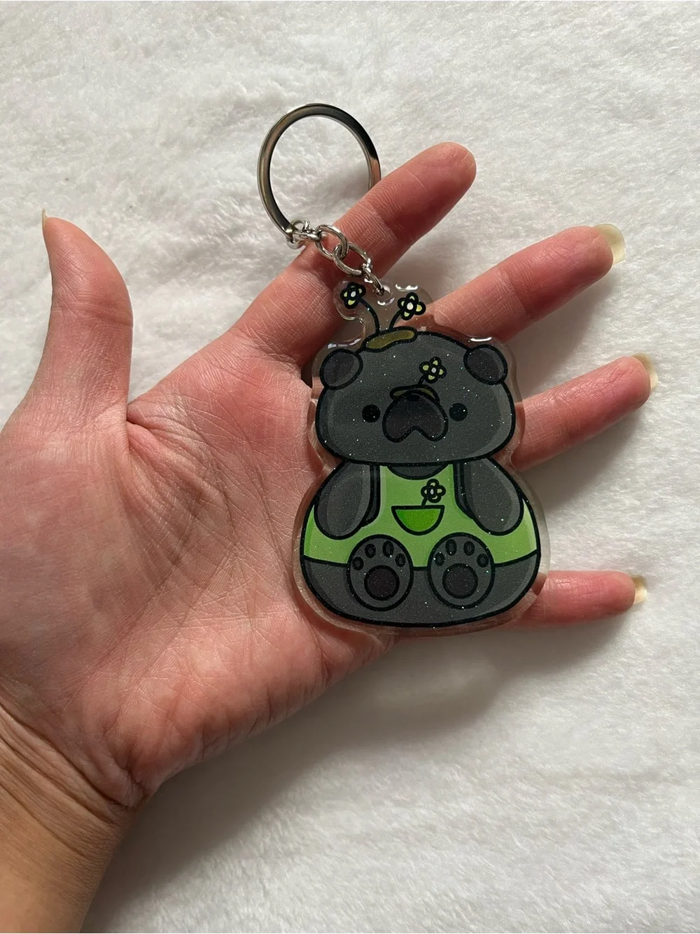 Pug black acrylic glitter keychain Cute Keychain with Green Overalls