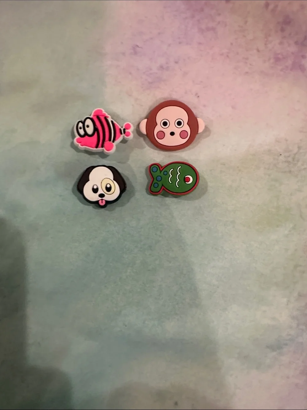 CROCS Pink Fish, Brown Monkey, Black/White Puppy & Green Fish Jibbitz Charms