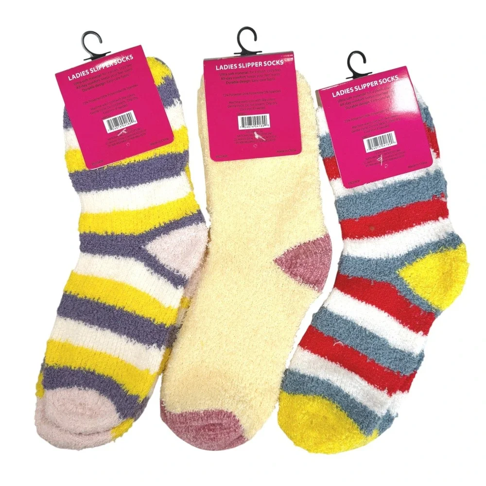 NEW Womens Fuzzy Slipper Socks One Size 3 Pack Multicolor Cozy Comfy Loungewear